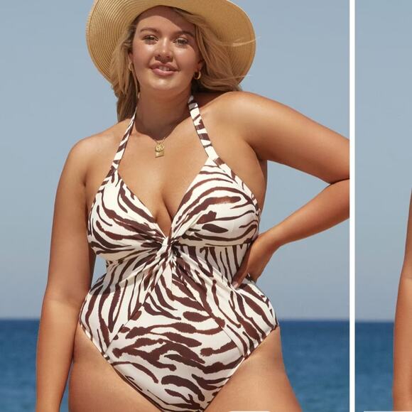Cupshe Abstract Tiger Print Plunge Twist Halter Plus Size One Piece Swimsuit 1X - Picture 1 of 14